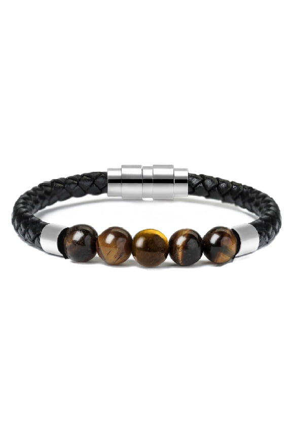 Tiger's Eye Stone Beaded & Faux Leather Braided Bangle Memorial Jewelry Funeral Urns Bracelet for Cremation Ashes Keepsake