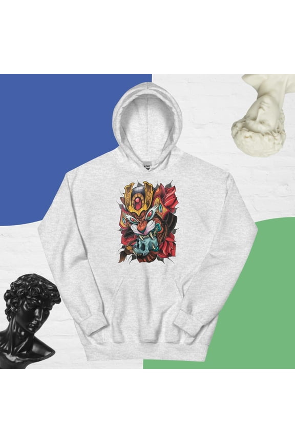 Tiger,-skull-and-samurai-armor Hoodie (Ash, S)