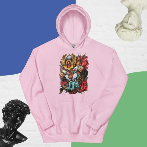 Tiger,-skull-and-samurai-armor Hoodie (Light Pink, S)