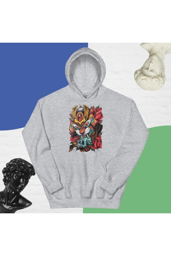 Tiger,-skull-and-samurai-armor Hoodie (Sport Grey, S)