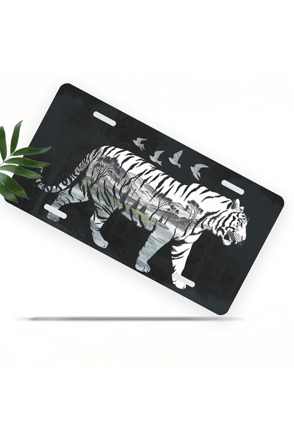 Tiger with Landscape Inside Funny Personalized License Plate Rust-proof Stainless Steel Metal License Plate Suitable For Men And Women 12.2" x 6.2"