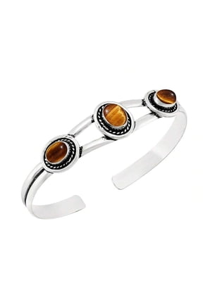 TigerEye Oval Gemstone Silvertone Cuff Bangle Bracelet