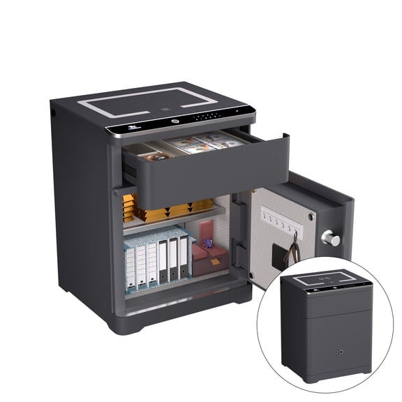 Tigerking 3-in-1 Biometric Fingerprint Safe Box with USB & Type-C Port Charging for Bedroom Office, Grey