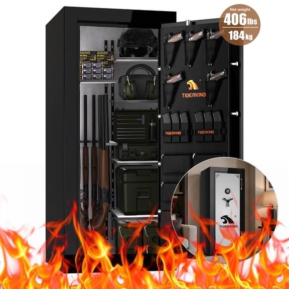 TigerKing 24 Cu Ft Large Fireproof Safe for Home, Heavy Duty 406 lb Gun Safe with 45-Min Fire Protection (1200°F), 12-Gauge Steel, 10 Locking Bolts, Electronic Keypad, for Rifles Pistols – Black