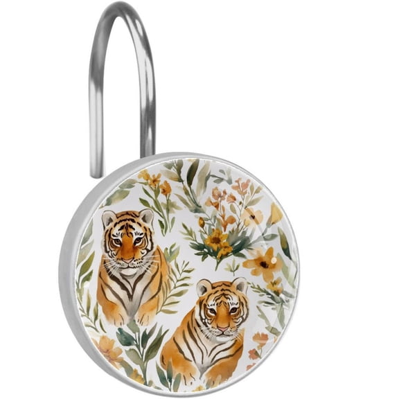 Tigers Animal Yellow Flowers Shower Curtain Hooks Round Crystal Glass, Set of 12 Shower Curtain Rings - Shower Hooks for Curtain Shower Rings