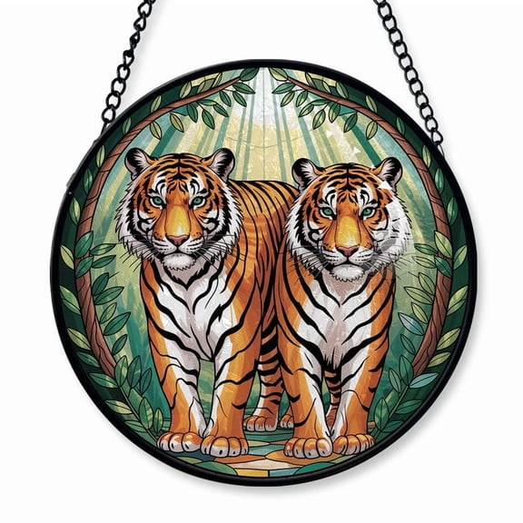 Tigers Couple Stained Glass Suncatcher Window Hanging  Christmas 2025 Tree Window Hanging Keepsake for Families, Couples and Loved Ones, Customizable Text
