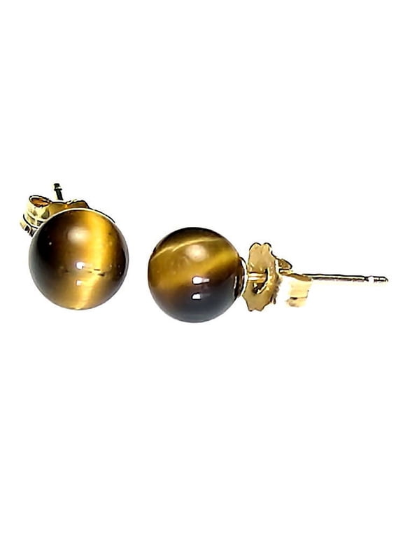 Tigers Eye 6mm Ball Stud Post Earrings, Solid 14K Yellow Gold Posts, Recycled Metal, Adults, Teens, Tweens