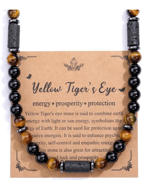 Tigers Eye Hematite Healing Crystal Necklace for Men Handmade Triple Protection Jewelry Mens Necklace