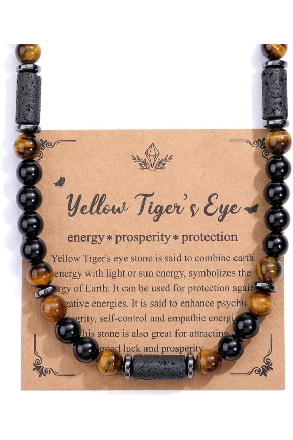 Tigers Eye Hematite Healing Crystal Necklace for Men Handmade Triple Protection Jewelry Mens Necklace