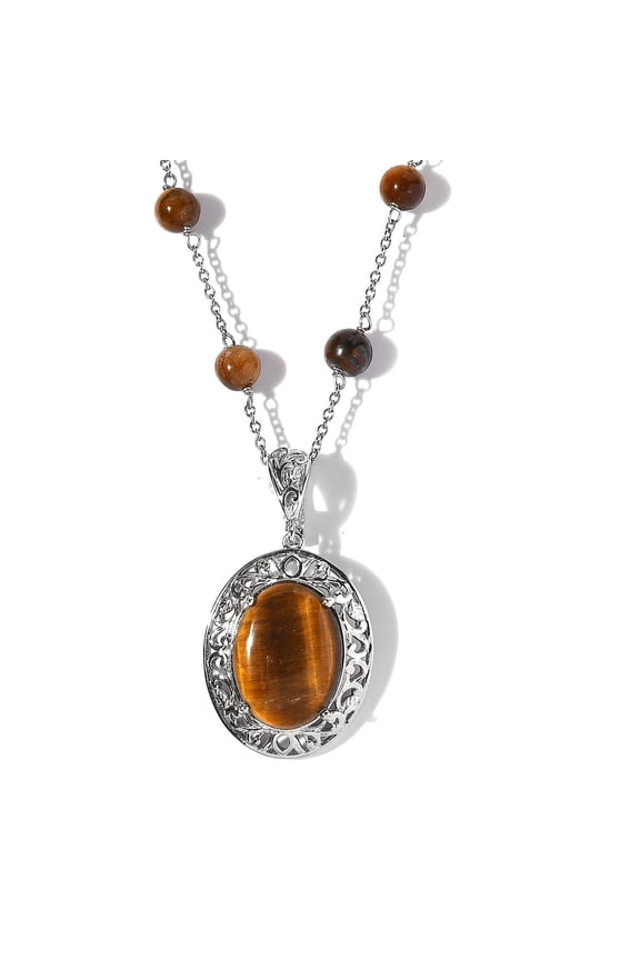 Tigers Eye Mix Stainless Steel Platinum Plated Necklace for Women Jewelry for Women Size 18" Ct 13.74 Boho Western Birthday Christmas Gifts