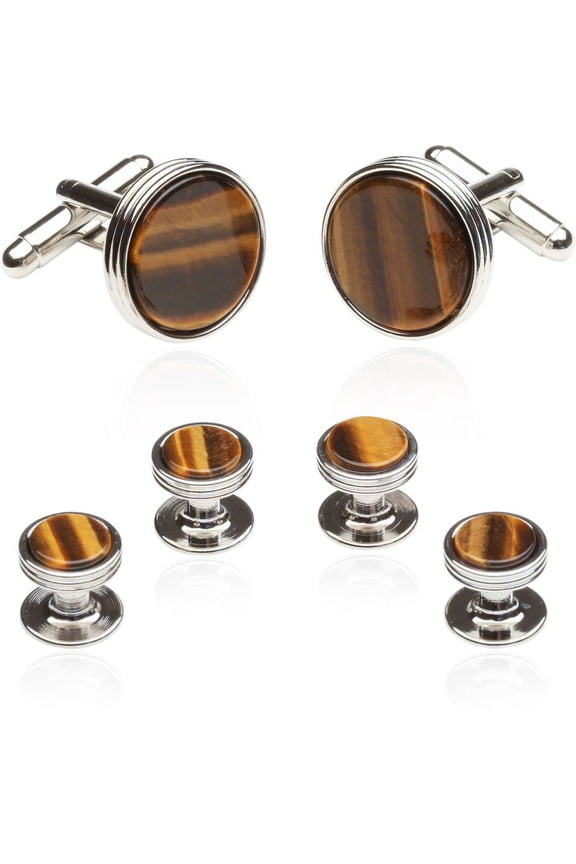 Tigers Eye Tuxedo Formal Set Cufflinks Studs Silver
