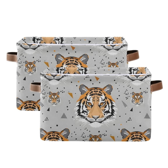 Tigers Face and Triangles Storage Bins with Handle Fabric Organizer Basket Foldable Box 2 Pack 14.2x10.2x8.3