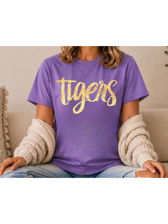 Tigers Foil Graphic T-Shirt, Gold or Silver School Spirit Game Day Tee, Size S-4XL