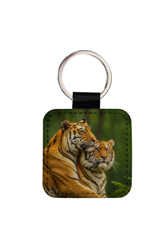 Tigers Hug Love Faux Leather Square Keychain
