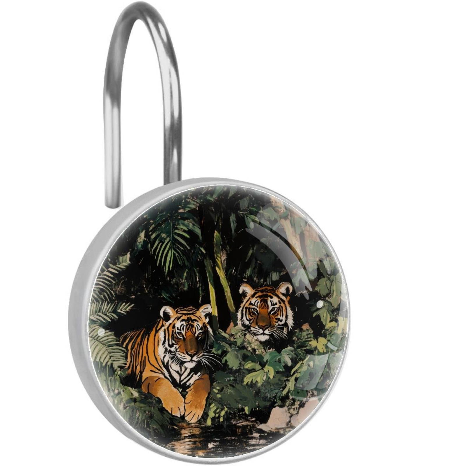 Tigers Laying on Forest Shower Curtain Hooks Round Crystal Glass, Set of 12 Shower Curtain Rings - Shower Hooks for Curtain Shower Rings