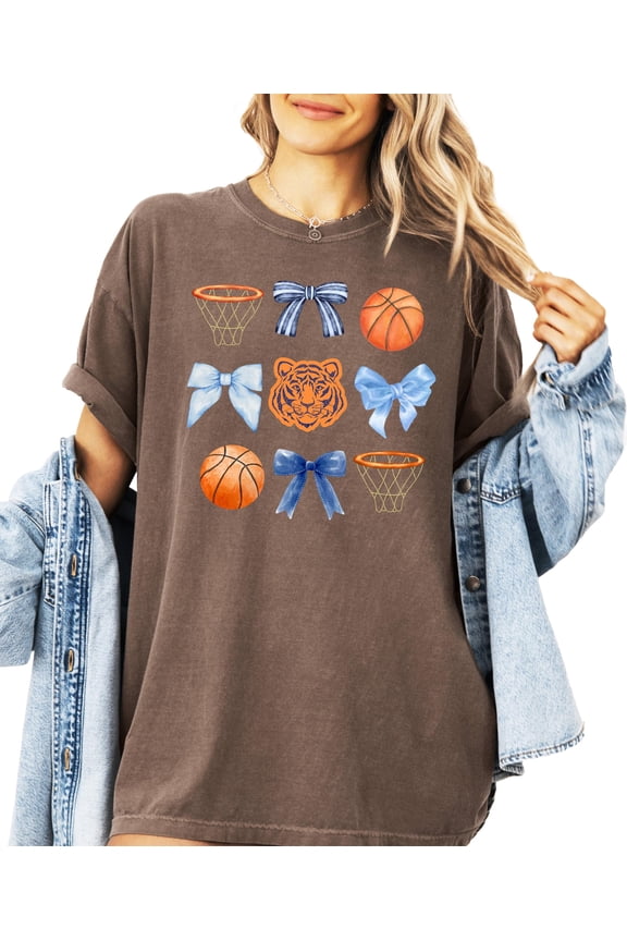 Tigers Mascot Shirt for Women and Teens Basketball Blue Bow Tee Espresso Shirt Adult Small