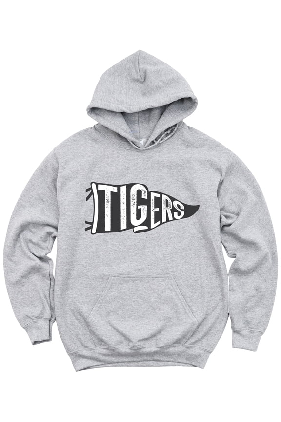 Tigers Pennant Flag Hoodie for Women Men & Teens Distressed School Spirit Game Day Sweatshirt Gray Hoodie X-Large