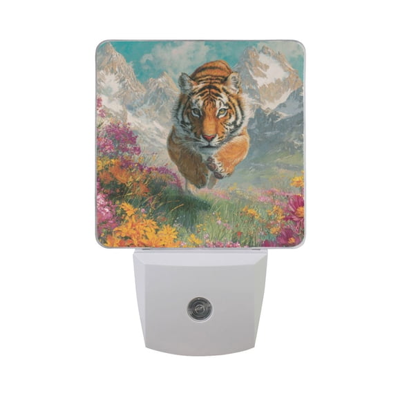 Tigers Running on Meadow LED Night Light Sensor Lamp Plug-in Adjustable Brightness 2 Pack