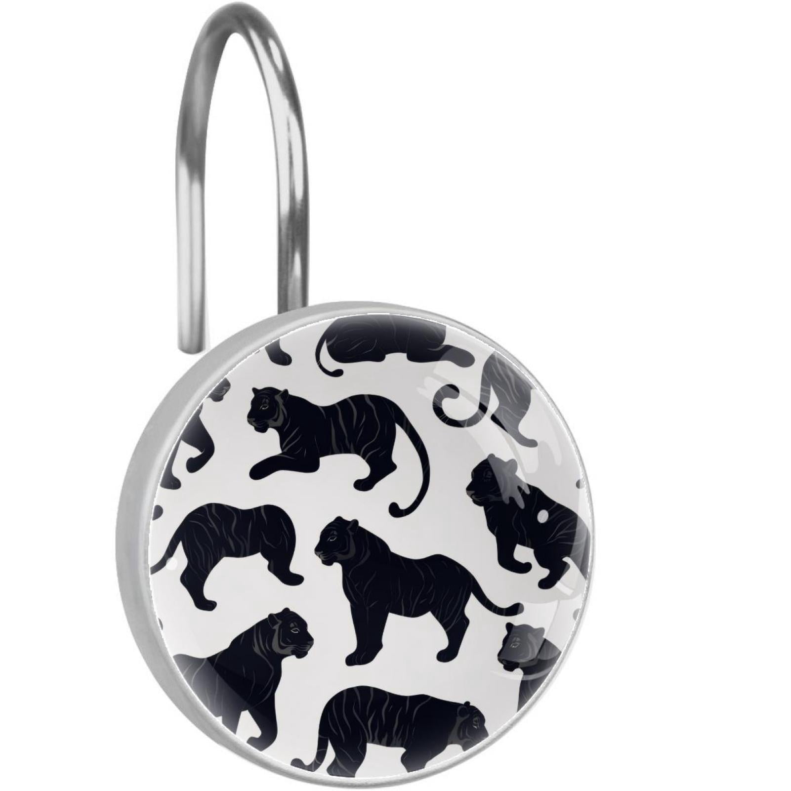 Tigers Silhouette Shower Curtain Hooks Round Crystal Glass, Set of 12 Shower Curtain Rings - Shower Hooks for Curtain Shower Rings