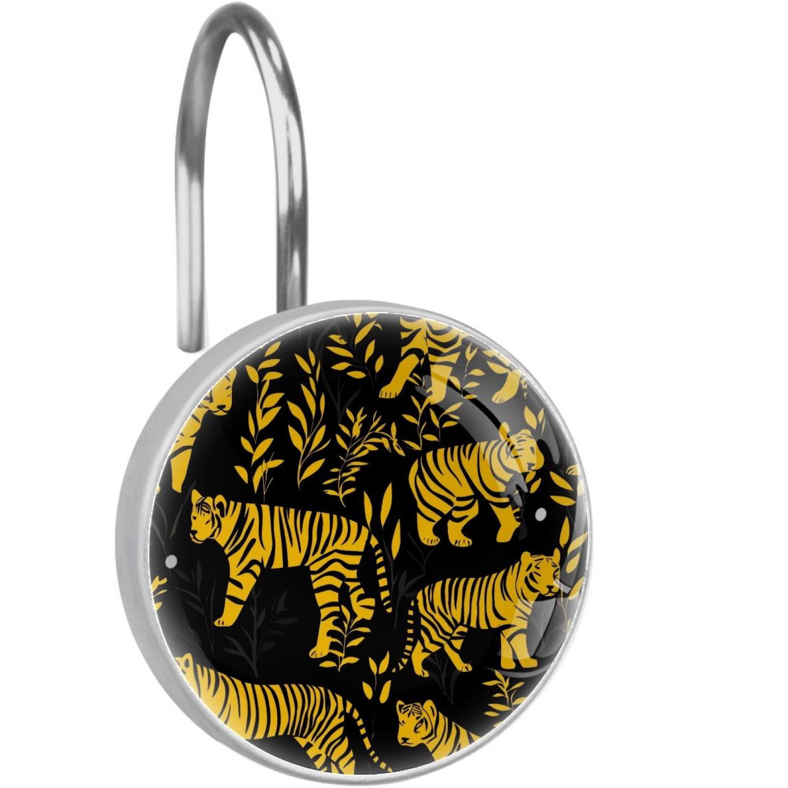 Tigers Silhouette on Black Shower Curtain Hooks Round Crystal Glass, Set of 12 Shower Curtain Rings - Shower Hooks for Curtain Shower Rings