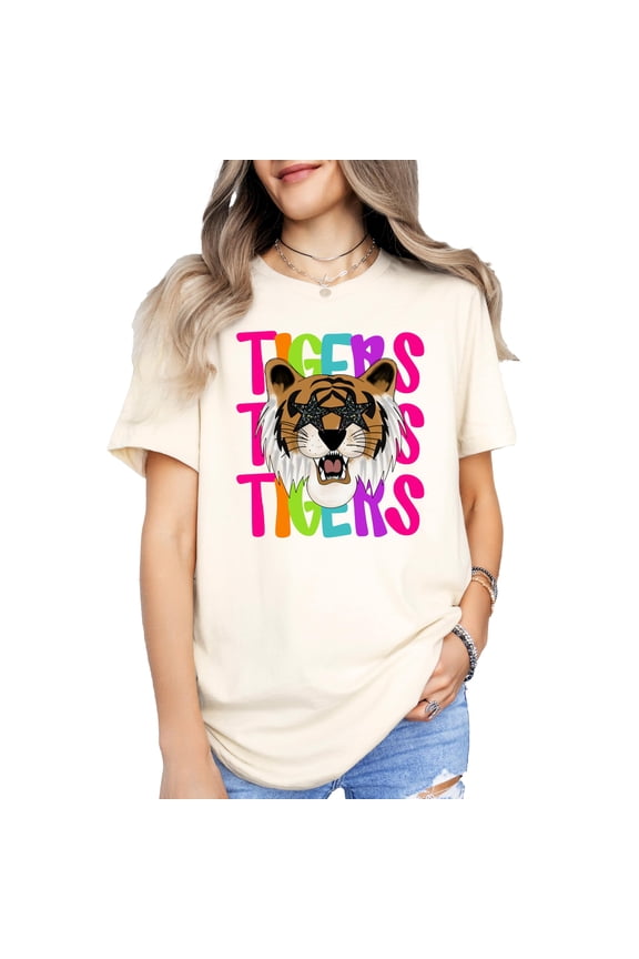 Tigers Sports Fan Shirt for Women and Teens School Pride Tiger Mascot Tee Natural Shirt Adult Medium