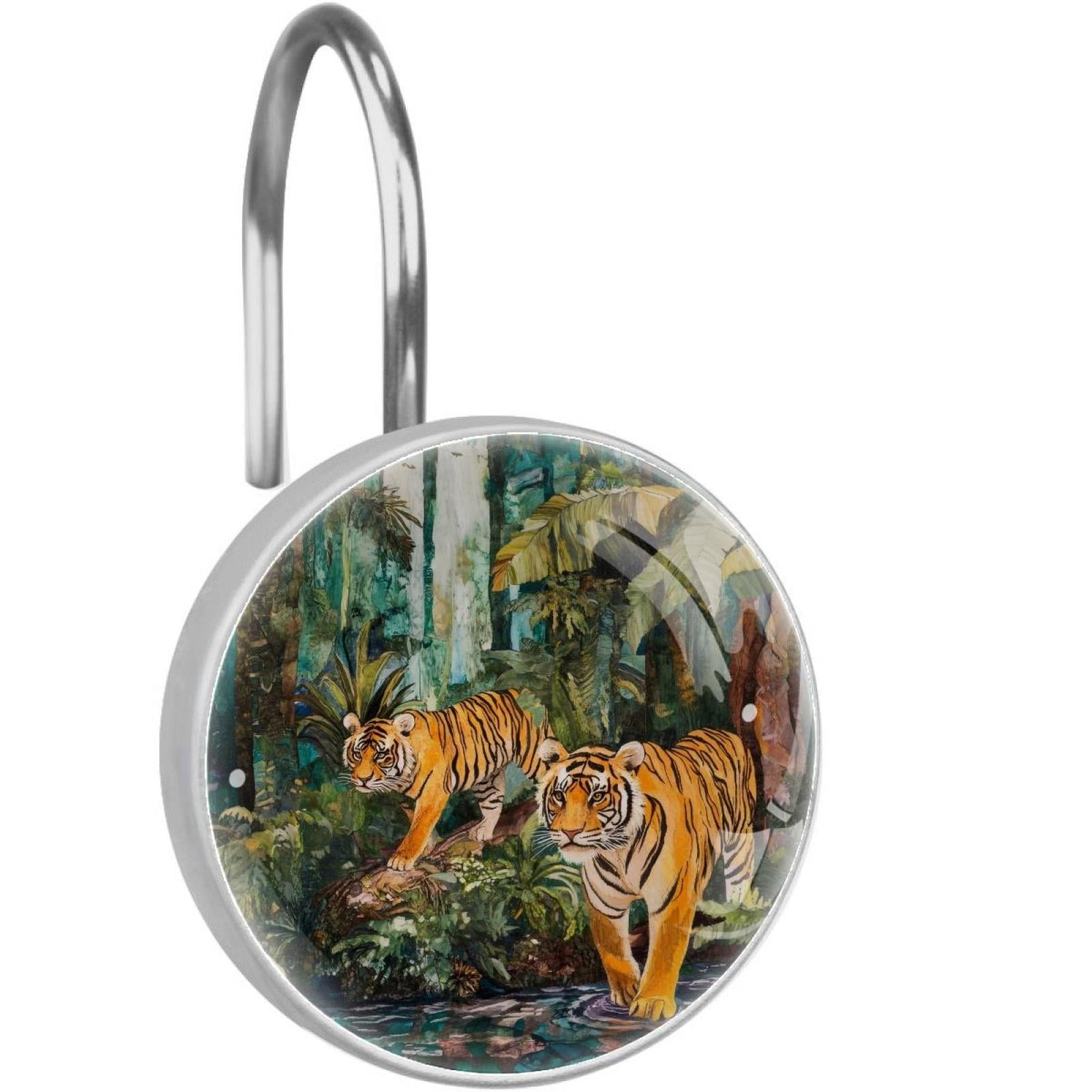 Tigers Walking on Forest Shower Curtain Hooks Round Crystal Glass, Set of 12 Shower Curtain Rings - Shower Hooks for Curtain Shower Rings