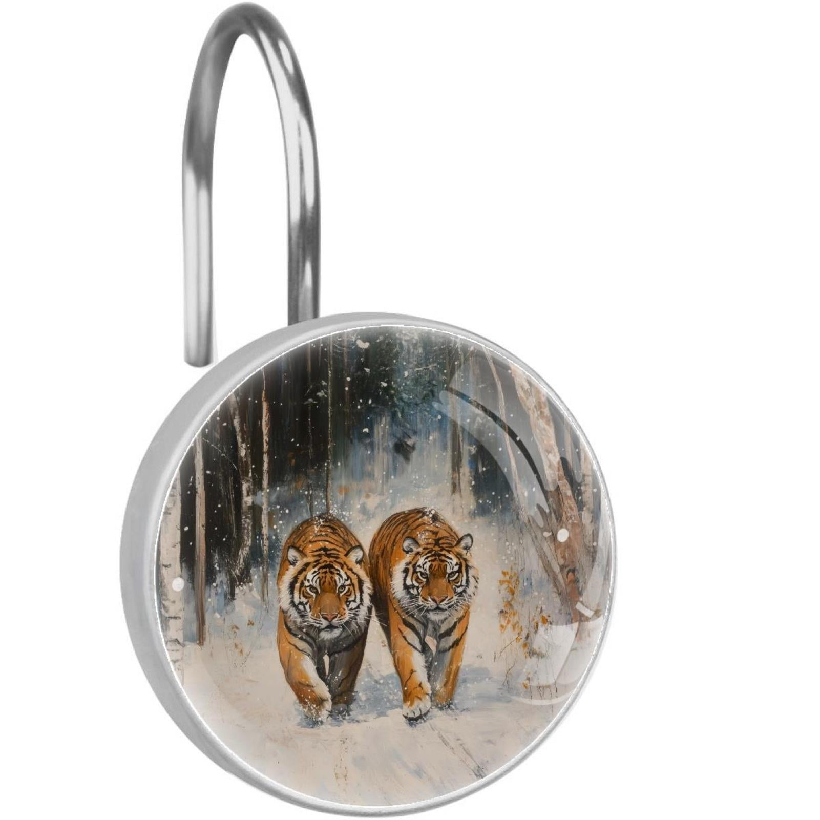 Tigers Walking on Snow Road Shower Curtain Hooks Round Crystal Glass, Set of 12 Shower Curtain Rings - Shower Hooks for Curtain Shower Rings