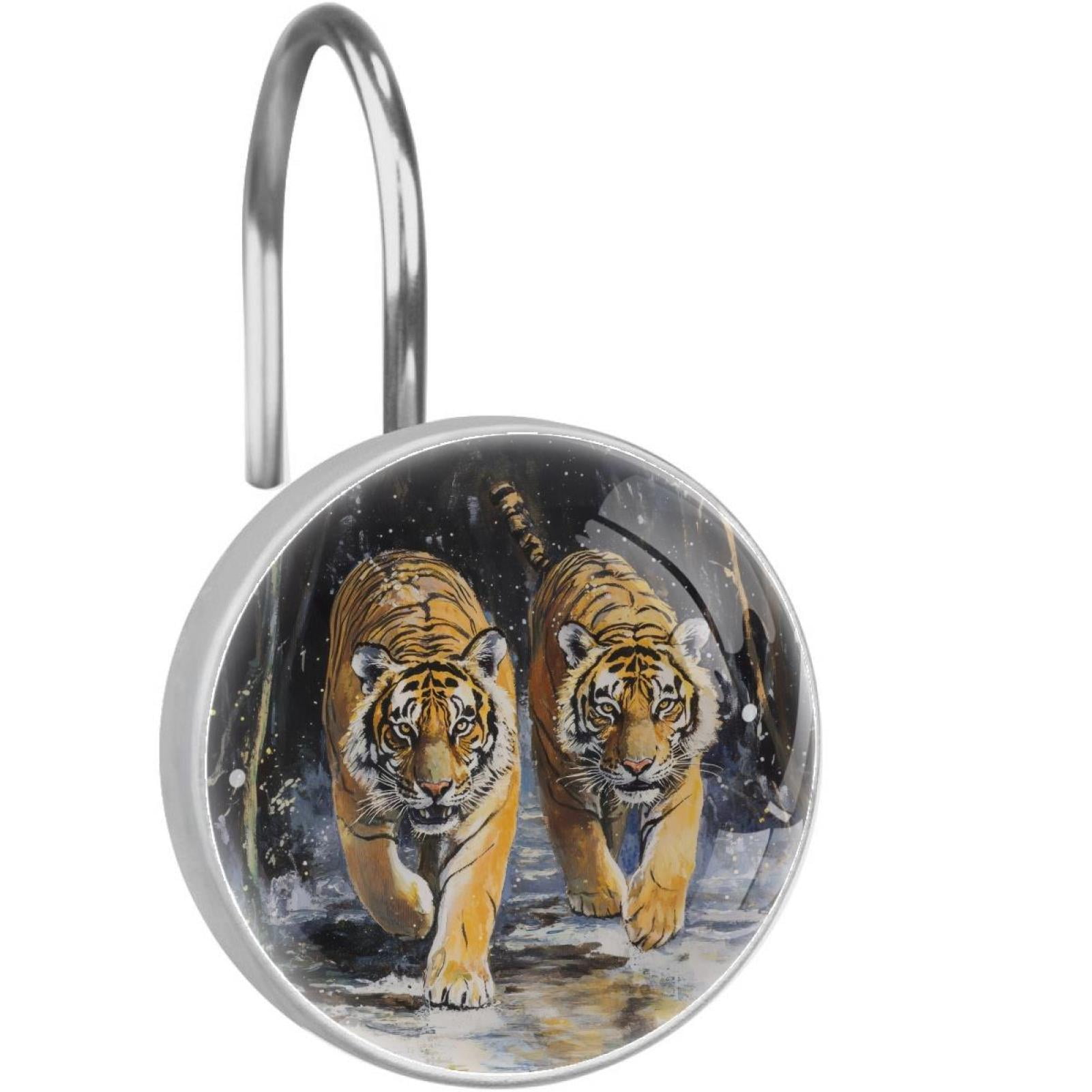 Tigers Walking on Snow Shower Curtain Hooks Round Crystal Glass, Set of 12 Shower Curtain Rings - Shower Hooks for Curtain Shower Rings