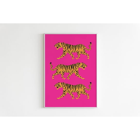 Tigers , Wall Art, Leopard Wall Art, Cheetah Print, Tiger Illustration,Magenta Marigold Tigers Art Print,Big Cat Print,Animal Print Home Decor #399, Unframed Canvas Size 12x18
