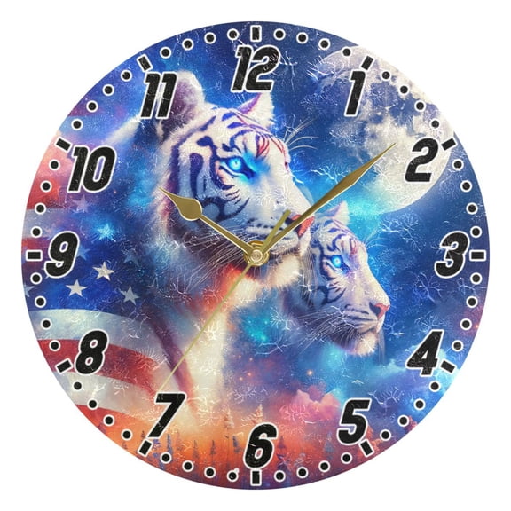 Tigers and American Flag Round Wall Clock Battery Operated Silent Non-Ticking Bedroom Office Kitchen Home School Decor 10"(Gold)