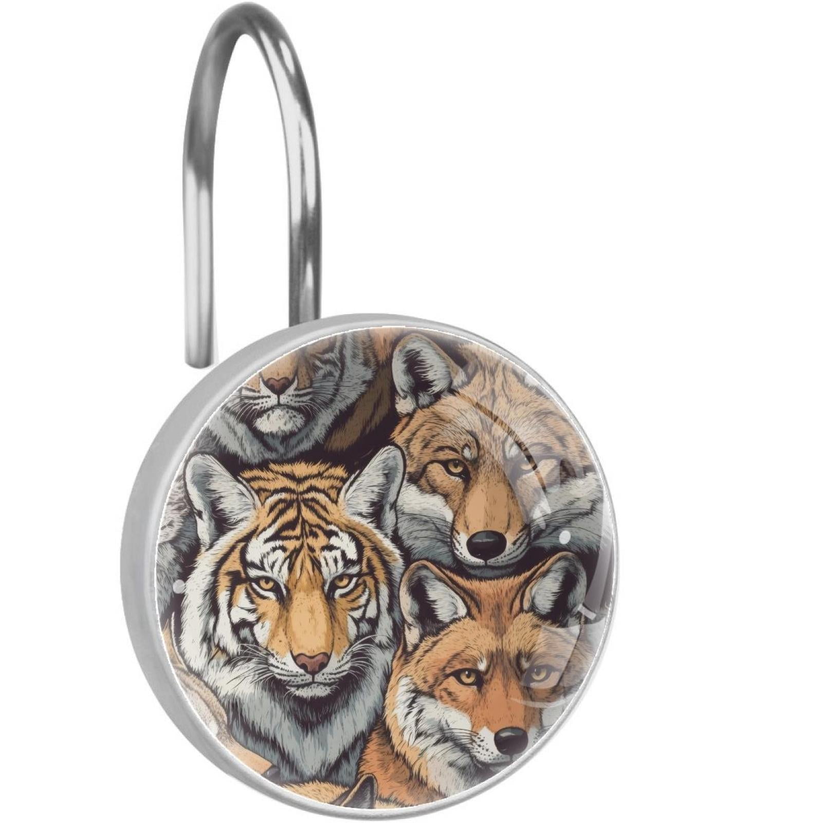 Tigers and Foxes Animal Shower Curtain Hooks Round Crystal Glass, Set of 12 Shower Curtain Rings - Shower Hooks for Curtain Shower Rings