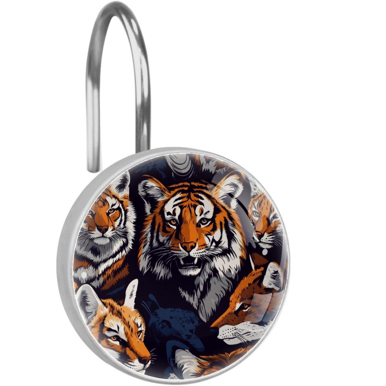 Tigers anf Fox Shower Curtain Hooks Round Crystal Glass, Set of 12 Shower Curtain Rings - Shower Hooks for Curtain Shower Rings