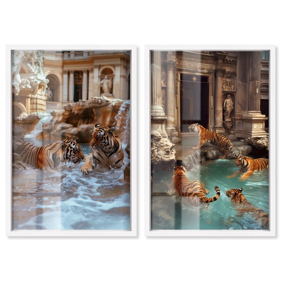 Tigers at the Fountain 2 Panel Set Shadowbox Print Lion Tiger Art Print by Art Remedy, White Frame, 10 x 15