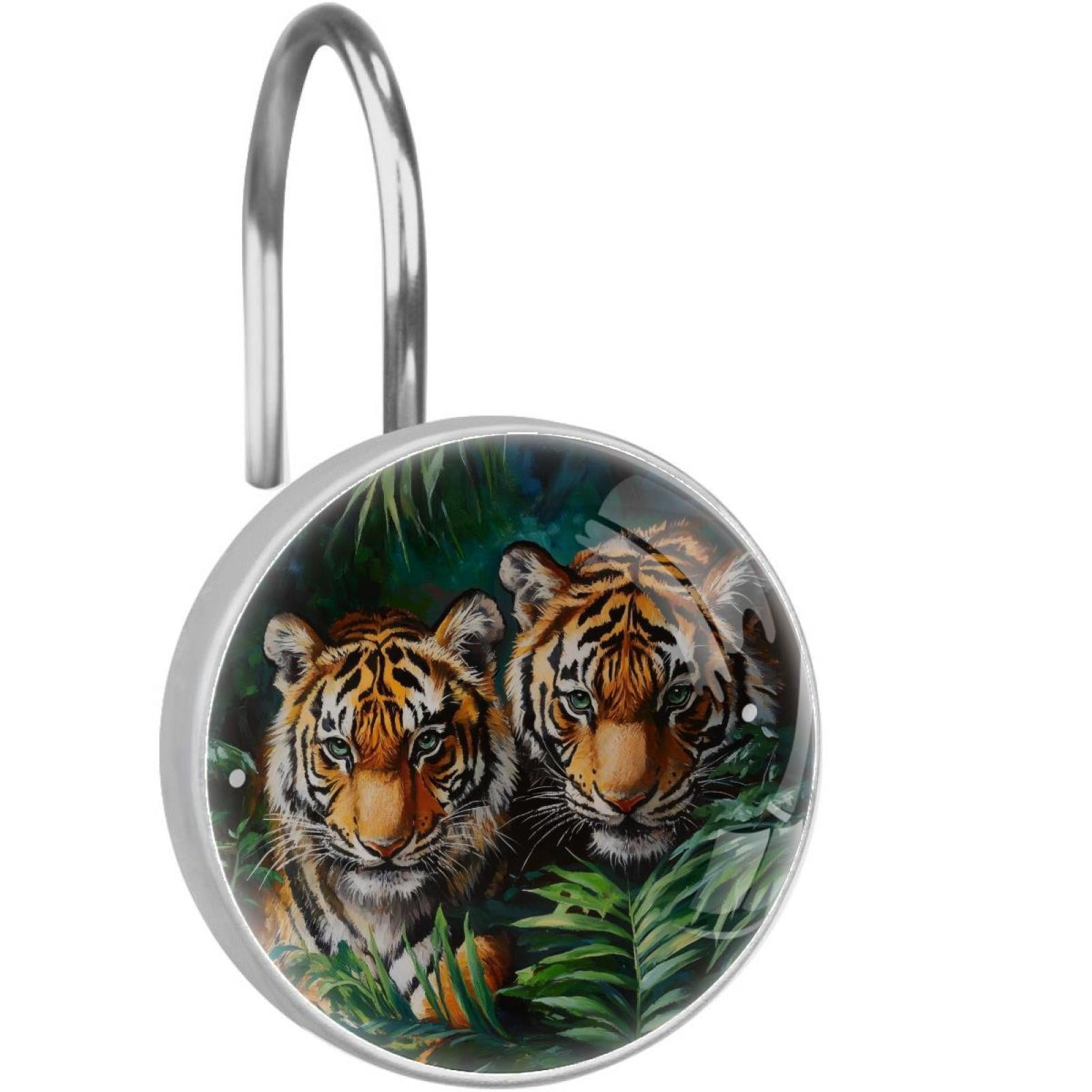 Tigers in Tropical Leaves Shower Curtain Hooks Round Crystal Glass, Set of 12 Shower Curtain Rings - Shower Hooks for Curtain Shower Rings