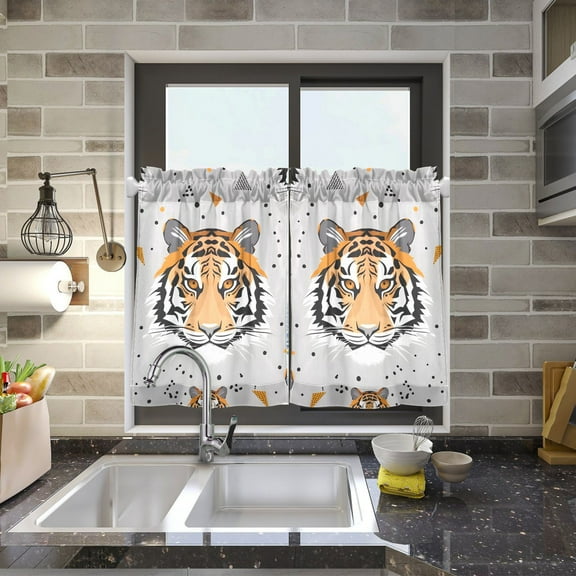 Tigers on Gray Kitchen Curtains Half Tier Curtain 2 Rod Pockets Bathroom Bedroom Cupborad Living Room 27"x24"