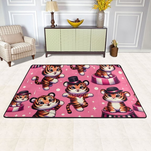 Tigers on Pink Area Rug Washable 72 x 48 Floor Carpet Mat Non Slip for Bedroom Living Room Kids Room Home Decor