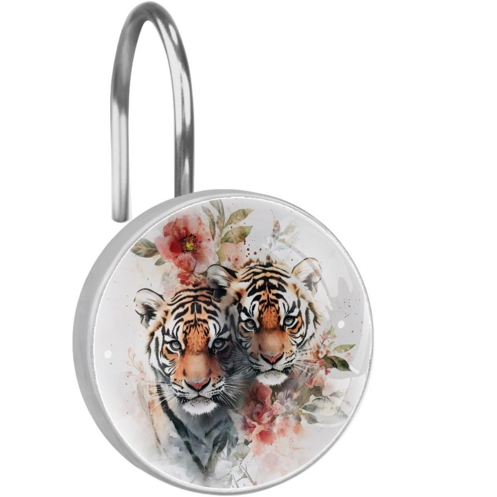 Tigers with Hibiscus Flower Shower Curtain Hooks Round Crystal Glass, Set of 12 Shower Curtain Rings - Shower Hooks for Curtain Shower Rings