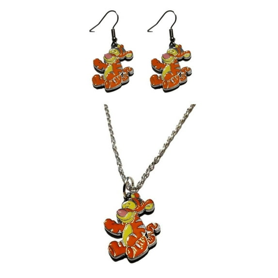 Tigger Cartoon Character Figure Metal Pendant Necklace And Earrings Set