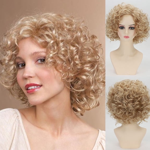 Tight Curly Short Blonde Synthetic Wig Side Swept Bangs Daily Style