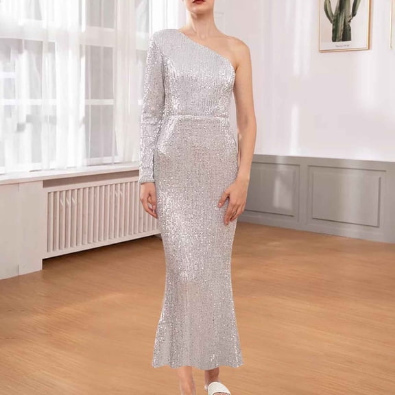 Tight Dress Sequin Formal Dress for Women One Shoulder Long Sleeve Mermaid Bodycon Maxi Evening Gown Prom Cocktail Wedding Guest Long Dresses M