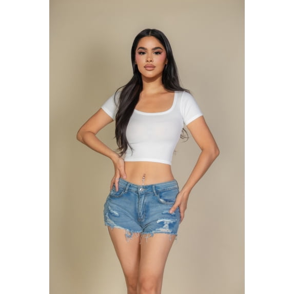 Tight Knitted Square Neck Short Sleeve T Shirt