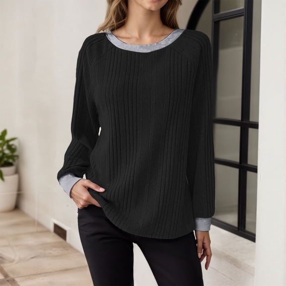 Tight Long Sleeve Shirts For Women Loose Crew Neck Solid Color Shirt Cardigan Soft Thin Comfortable Fall Basic Blouses Vacation Clothes Black XXL