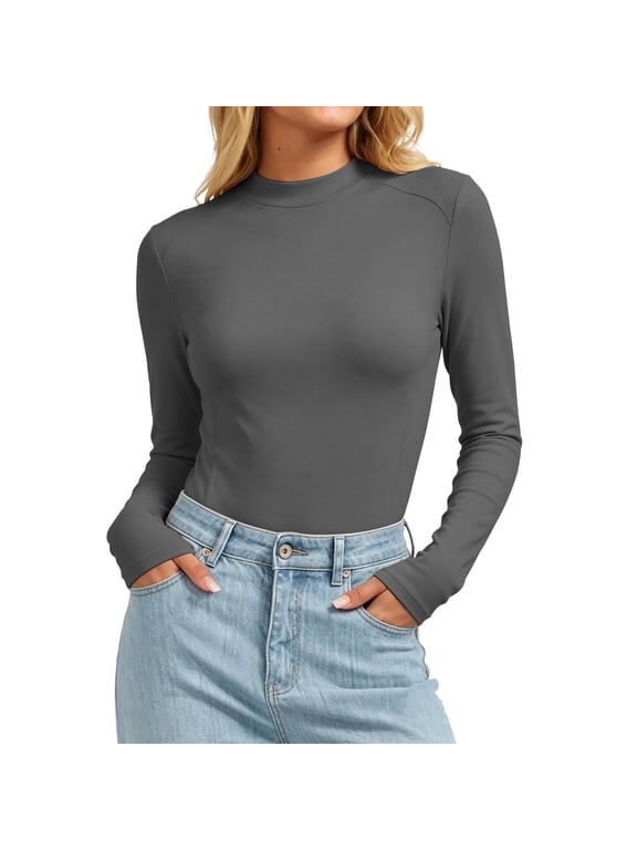 Tight Long Sleeve Shirts for Women Basic Mock Neck Top Thermal Shirts Women Fleece Lined Long Sleeve Compression Fall Winter Layering Base Layer Work Casual Undershirt Tops