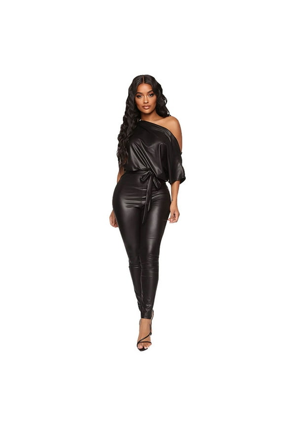 Tight Slim Fit Jumpsuit Overalls Carpenter for Women SMihono Trendy Comfy Women's Fashion Color Bandage Off Shoulder Trendy Leather Bodysuit Jumpsuit black 6