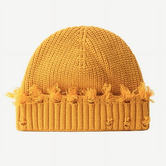 Tight Winter Cuffed Thick Beanie Ribbed Knitted Men Women Hat with Hole Hip Hop Distressed Plain Skullies Toque (Yellow,head 58cm)