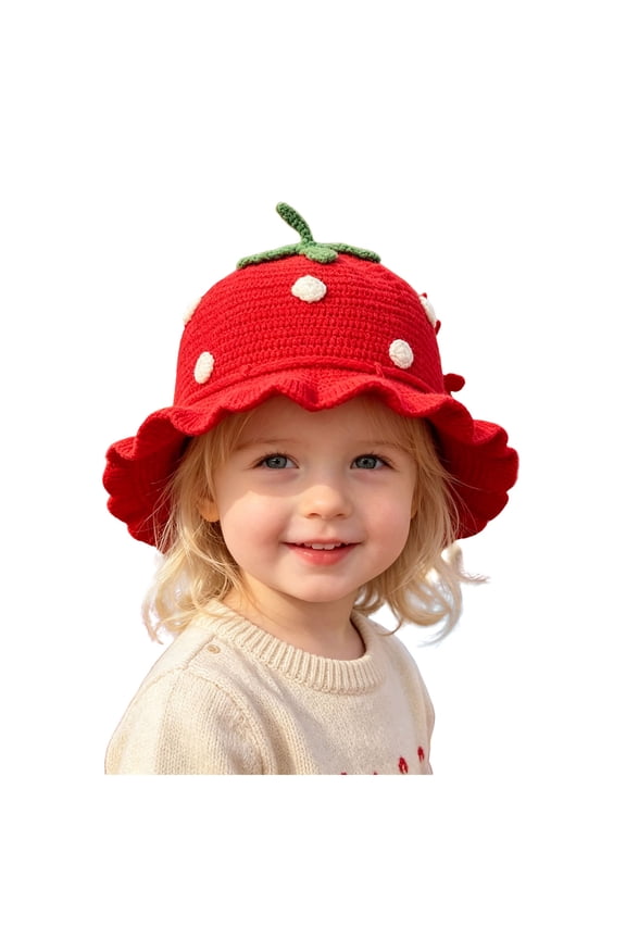 Cute Sun Hat for Toddler Girls Knitted Strawberry Bucket Hats Wide Brim Crochet Sunhats Baby Girl Gifts Red Size 1-4 Years