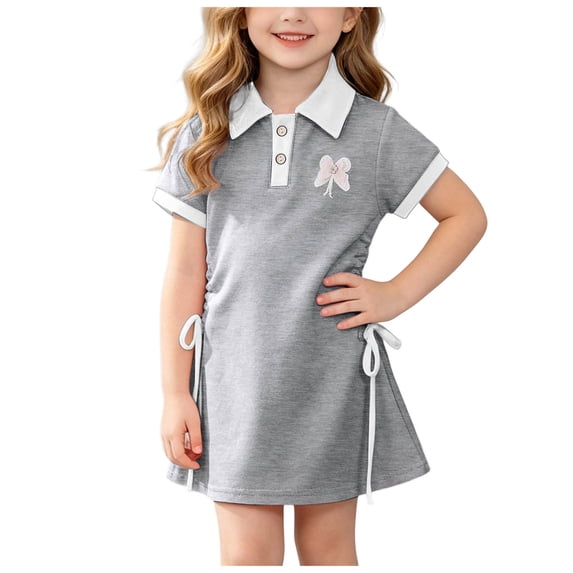 Tigivemen Drawstring Lapel Dress for Girls Summer Outfits Toddler Baby Clothes School Uniform Dresses Size 2-3 Years
