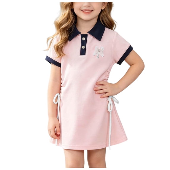 Tigivemen Drawstring Lapel Dress for Girls Summer Outfits Toddler Baby Clothes School Uniform Dresses Size 5-6 Years