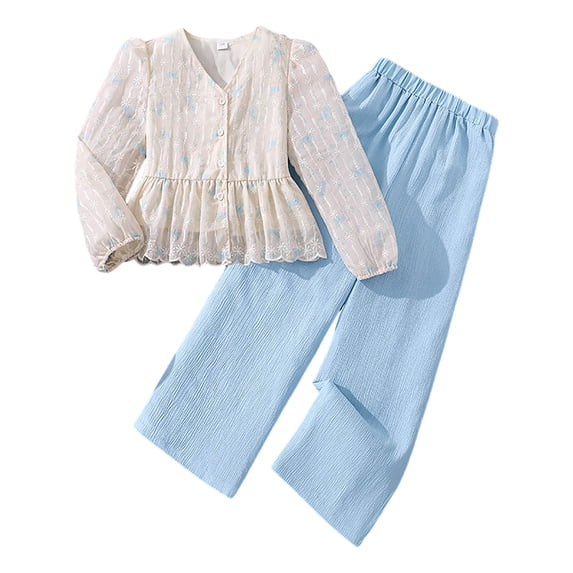 Tigivemen Girl Fall Outfits Long Sleeve Ruffle Hem Shirts with Wide Leg Pants 2Pcs Set Stylish Floral Girls Clothes Sky Blue Size 10-11 Years