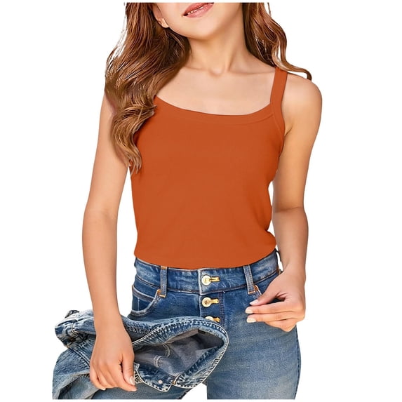 Tigivemen Girl's Ribbed Tank Tops Teens Square Neck Tees Kids Summer Top Camisoles Yoga Sleeveless Undershirts Orange,15-16 Years